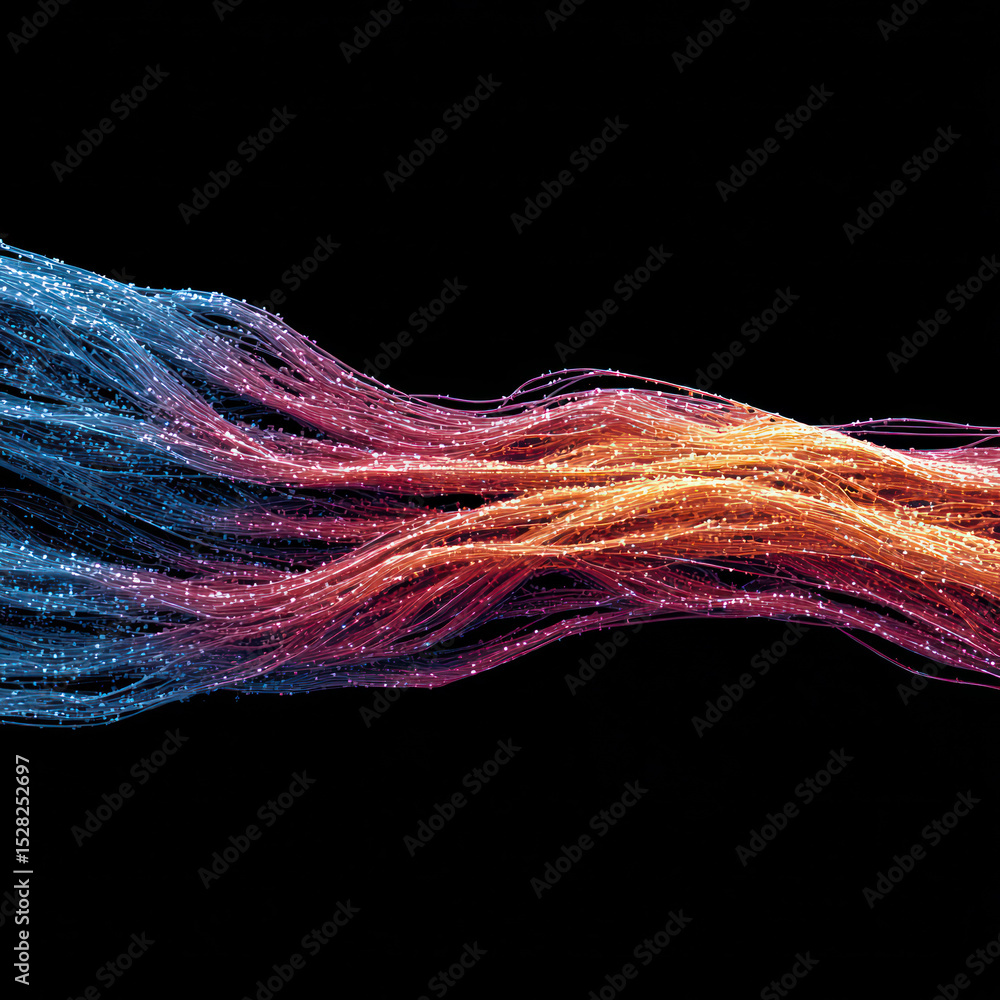 Poster colorful streams intertwine on a black background, creating fluid patterns that evoke motion and ene