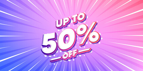 Discount tag sun rays gradient banner. Light burst background. Up to 50 percent off sale. Discount offer price sign. Special offer symbol. Save 50 percentages. Gradient sun rays. Vector