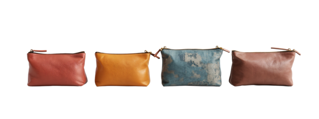 A row of four different colored leather clutches