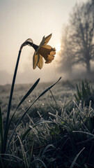 Naklejka premium Delicate daffodil blossom in a field of frosty grass under the soft sunrise glow