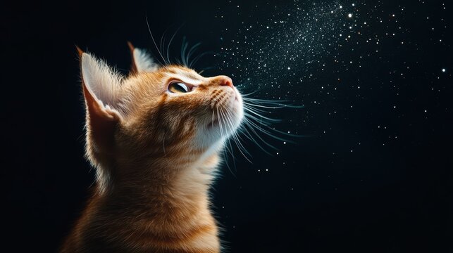 An enchanting image of a kitten looking up into a cosmic backdrop filled with stars and galaxies, evoking a sense of wonder and curiosity about the universe around us.