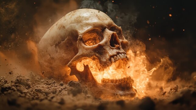 A striking image of a skull engulfed in flames and smoke, representing themes of death and rebirth, emphasizing the contrast of life's impermanence in an artistic and powerful manner.