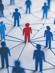 Paper cutout people connected by lines, with one red figure standing out among blue figures, symbolizing networking or leadership.