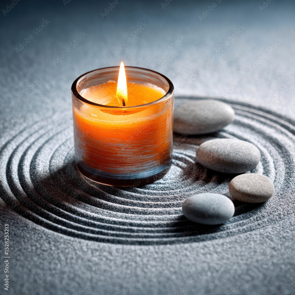 Poster a tranquil setting features a lit candle surrounded by smooth stones, creating a calming atmosphere 