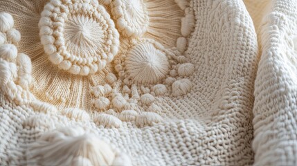 Close-up of textured cream-colored knitted fabric with intricate patterns