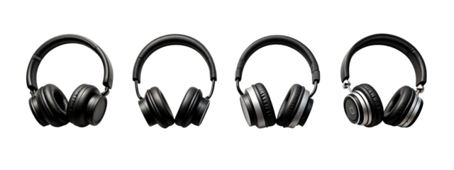 A set of four different views of a pair of headphones.