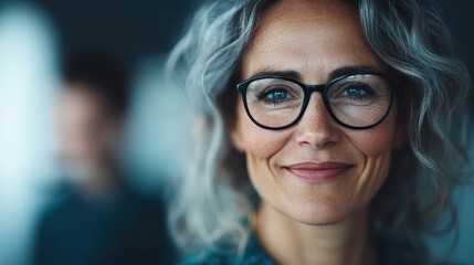 A stylish older woman with gray hair and glasses smiles confidently at the camera, representing beauty, wisdom, and empowerment in the modern age.
