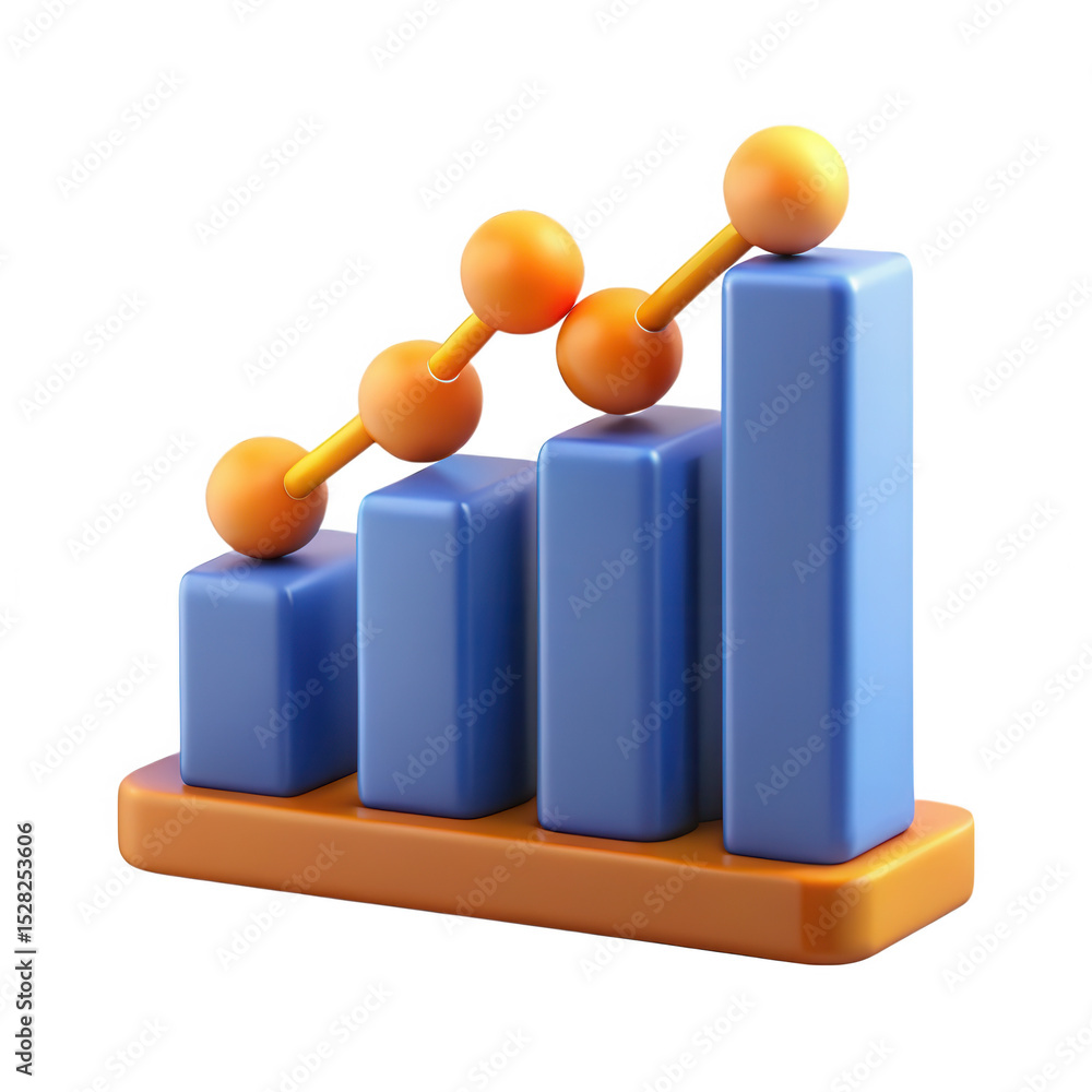 Poster 3d render of ascending bar graph with orange spheres isolated on transparent background