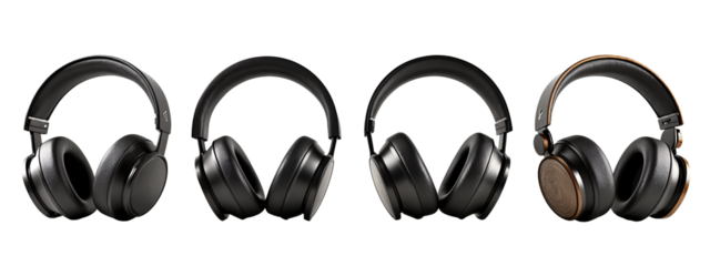 A row of four different views of a pair of headphones.