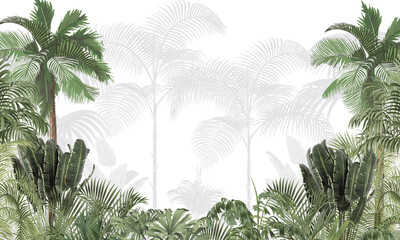 Minimalist Botanical Wall Mural: Faded Gray Jungle Landscape Background © csinie1