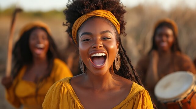 A joyful woman in a bright outfit expresses her exuberance during a lively outdoor musical celebration, surrounded by friends and culture.