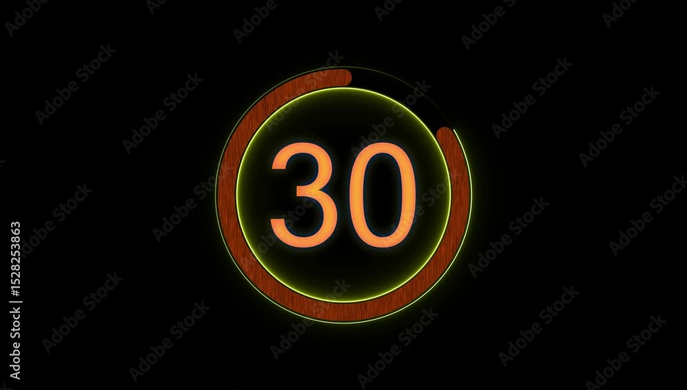 Poster neon glowing circle countdown timer 35 seconds animation from 35 to 0 seconds, 35 seconds countdown 