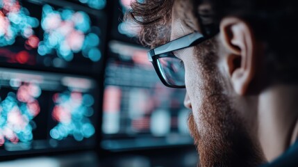 A bearded man intently studies multiple data screens, symbolizing dedication and the intricate world of technology, analytics, and modern information processing.