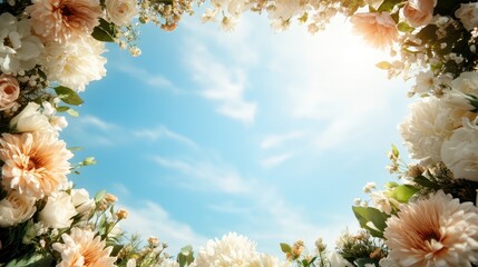 An enchanting view of a flower frame beautifully surrounding a clear blue sky, capturing the essence of nature’s beauty and the warmth of sunshine in a serene composition.