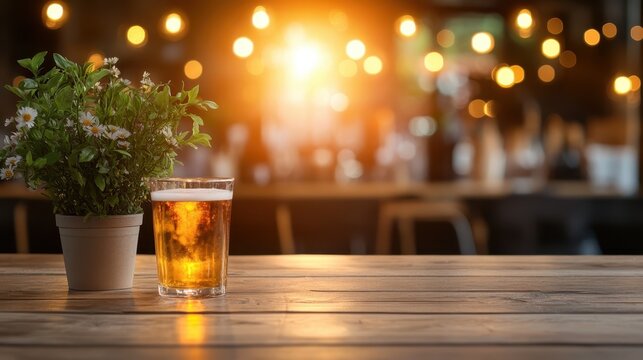 A frosty glass of beer sits on a wooden table beside a blooming plant, capturing a cozy atmosphere ideal for social gatherings or relaxation at a bar or restaurant.