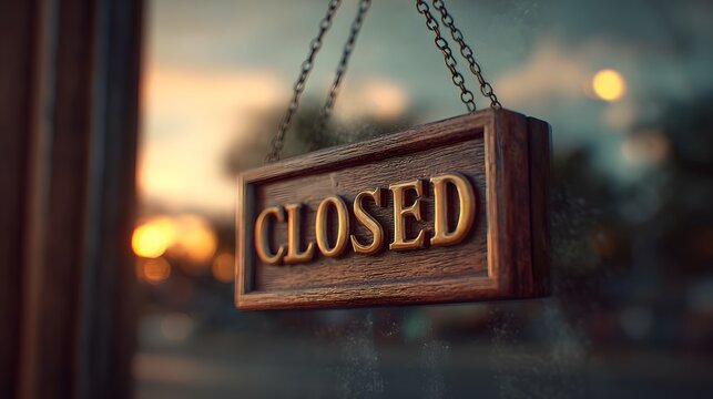 Closed sign hanging in shop window business closure store hours retail sign