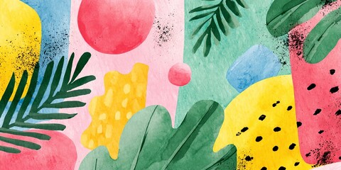 Colorful painting of a tropical scene with a variety of fruits and vegetables.