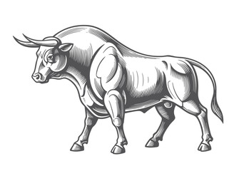 Fototapeta premium muscular bull in mid-charge, capturing strength, aggression, and motion in a bold style sketch engraving illustration. Scratch board