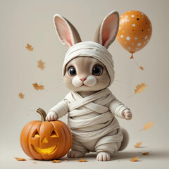 A playful bunny, wrapped in white bandages, stands beside a carved pumpkin with a smiling face. Colorful leaves and a balloon add to the joyful Halloween atmosphere.