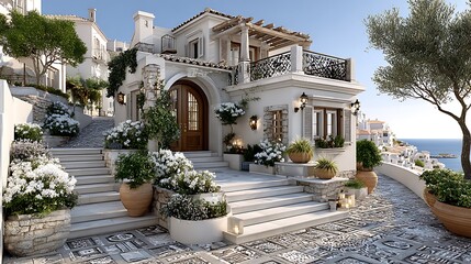 Fototapeta premium Greek home with scenic and sunny terrace garden high resolution photo