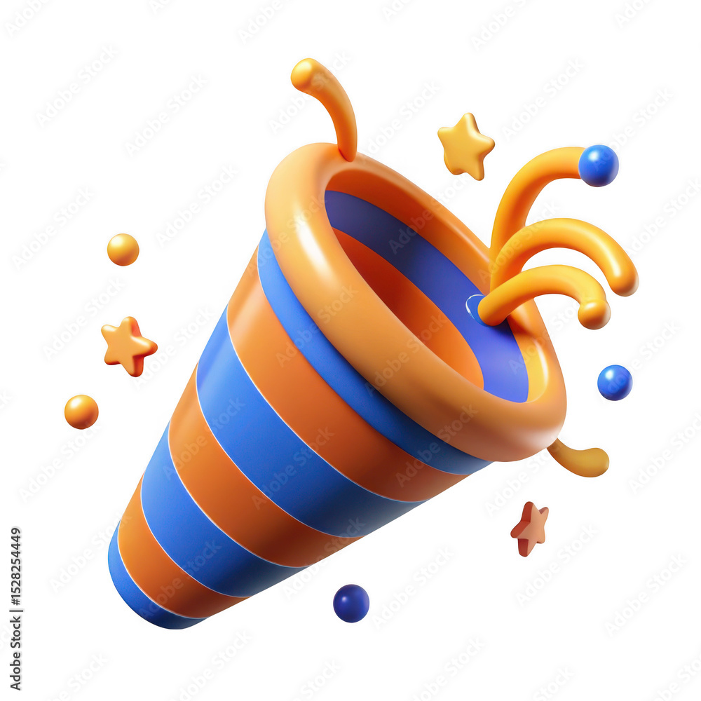 Poster 3d render of party popper with confetti isolated on transparent background