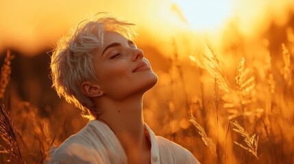 A serene woman with short hair enjoys the golden light of a sunset in a wheat field, embodying peace, tranquility, and a deep connection to nature.