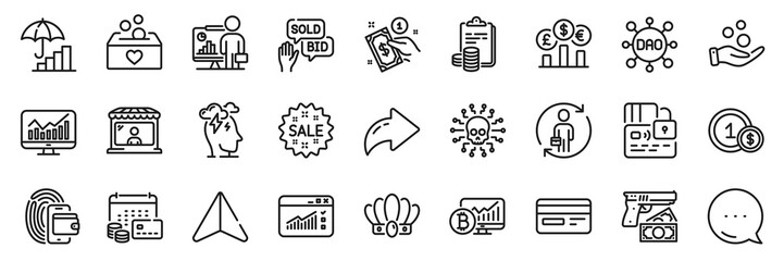 Fototapeta premium Market seller, Inflation and Statistics line icons pack. Share, Message, Paper plane icons. Money calendar, Robbery, Wallet web icon. Bid offer, Card, Dao pictogram. Vector