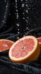 Freshly sliced grapefruit with refreshing water droplets on a luxurious dark velvet backdrop