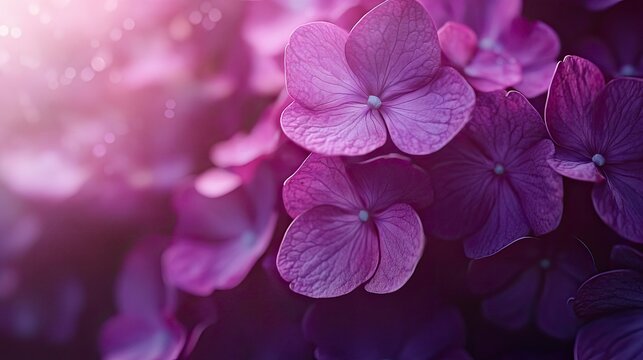 Close-up of vibrant purple hydrangeas in sunlight - Powered by Adobe