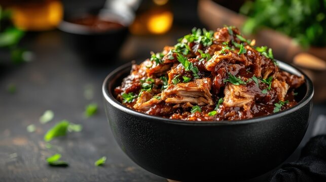 A sumptuous bowl of pulled pork topped with fresh herbs and a rich sauce invites indulgence, highlighting the culinary arts and the pleasures of good eating experiences.