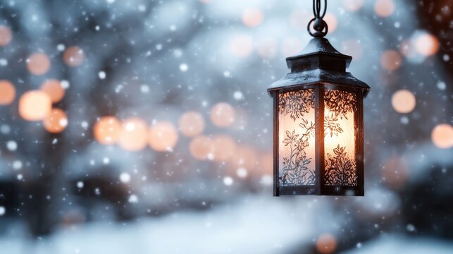 A beautifully designed lantern emits a warm glow in the snow, casting an inviting light that evokes feelings of warmth and comfort amidst a cold winter scene.
