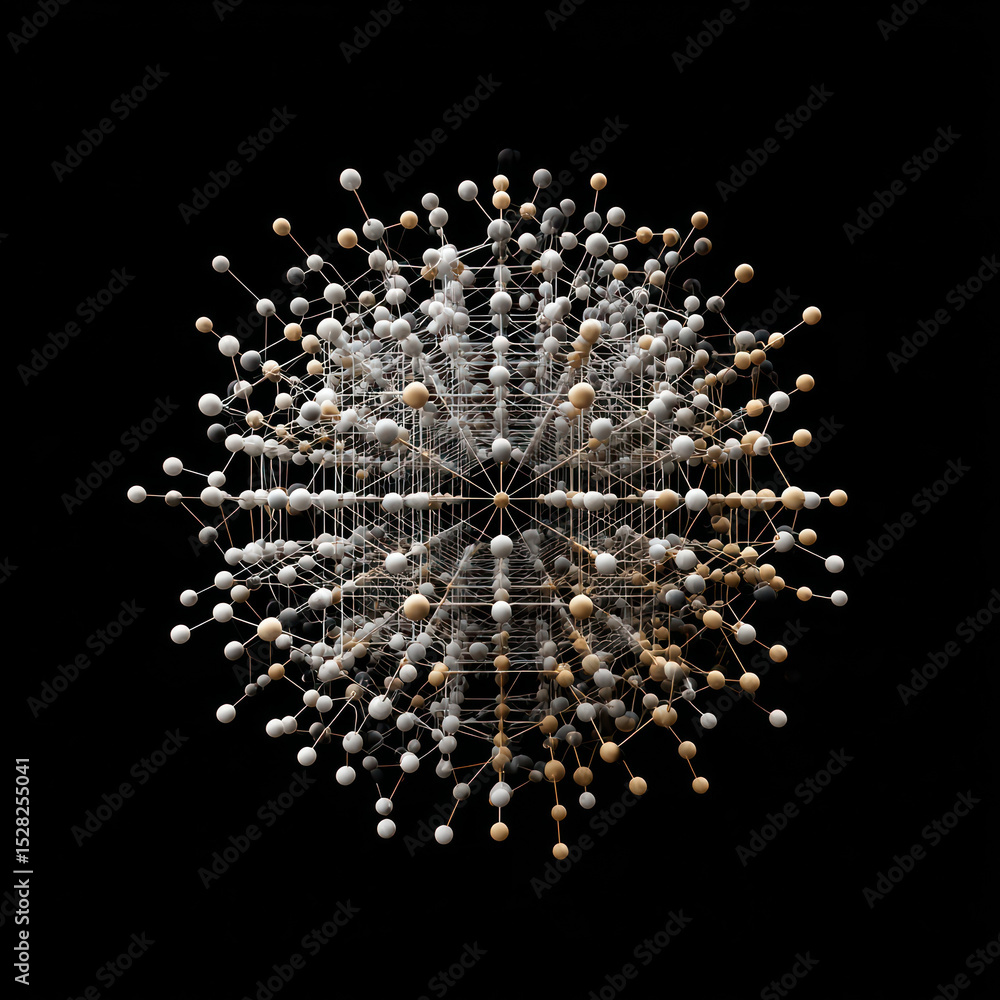 Poster spheres in various colors connect with lines to form an intricate molecular structure against a dark