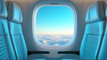 A captivating view from an airplane window, showcasing a bright blue sky dotted with fluffy clouds, evoking feelings of adventure and freedom as one travels.