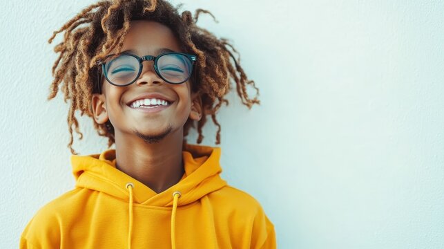 A cheerful young boy with curly dreadlocks beams joyfully while wearing a vibrant yellow hoodie, showcasing an expression of pure happiness and confidence against a simple background.