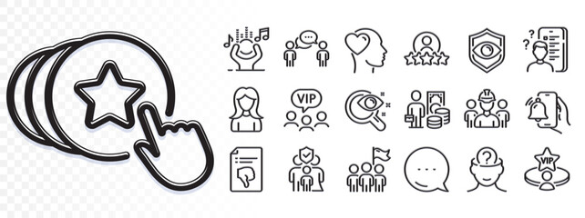 Survey, Noise and Friend line icons for web app. Glare of light effect. Message icon. Pack of Vip table, Human rating, Psychology pictogram icons. Consulting business, Hold heart, Woman signs. Vector