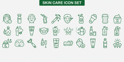 Skincare Outline Icon Set in Green on Transparent Background with Beauty and Cosmetic Elements