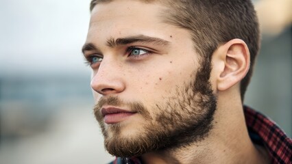 Obraz premium Close-up portrait of a handsome young man with serious eyes and a slight smile