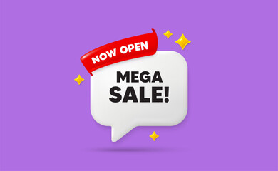 Mega sale ribbon speech bubble. Now open flag ribbon. Mega Sale tag. Special offer price sign. Advertising Discounts symbol. 3d sparkle stars speech bubble. Vector
