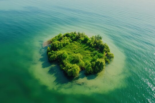 Aerial view of a vibrant green island surrounded by crystal clear water in a serene landscape, Aerial panning shot of a green island in the middle of the sea, clear weather