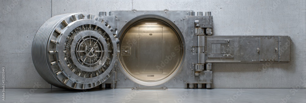 Poster cyber vault with warning lock breaking open and revealed compartment in modern setting
