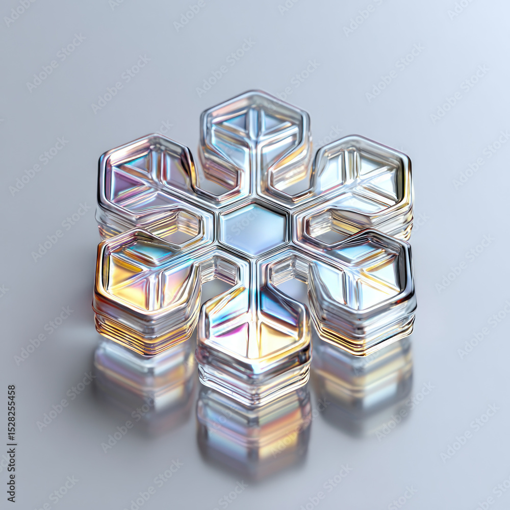 Poster a detailed glass snowflake rests on a shiny surface, reflecting various colors and creating a stunni