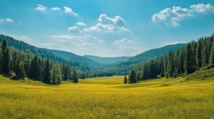 Clear Skies Over a Green Forest Landscape 