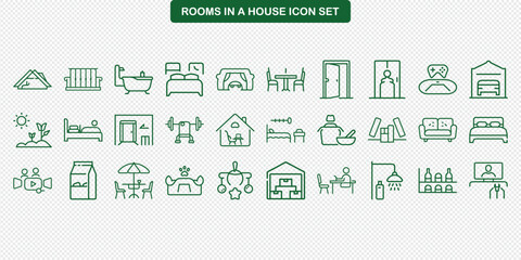 Green House Room Icon Set, Home Interior Thin Line Design, Transparent Background