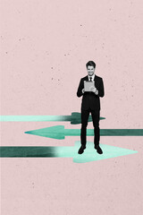 Vertical image poster photo collage of happy businessman surf tablet arrow development pointer...