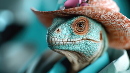 An imaginative, fashionable lizard wearing a stylish hat and suit presents a whimsical and humorous take on animal representation, blending nature with creativity and fun.