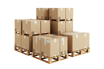 Set of cardboard boxes on pallets isolated on white or transparent background — perfect for logistics, shipping, warehouse, storage, and supply chain visuals.