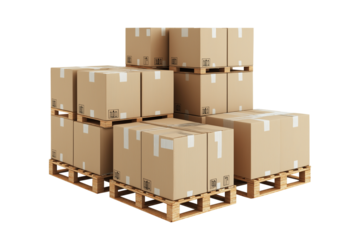 Set of cardboard boxes on pallets isolated on white or transparent background — perfect for logistics, shipping, warehouse, storage, and supply chain visuals.