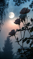 Romantic and dreamy floral arrangement of roses silhouetted against a bright full moon.
