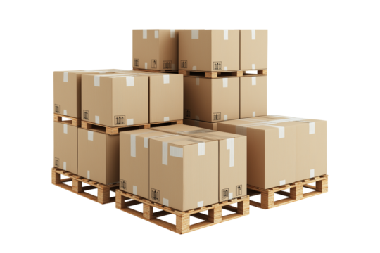 Set of cardboard boxes on pallets isolated on white or transparent background — perfect for logistics, shipping, warehouse, storage, and supply chain visuals.