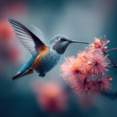 Fototapeta premium A hummingbird with iridescent feathers hovers delicately by bright pink flowers, illuminated by soft evening light